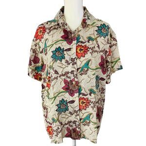 Oscar de la Renta 100% Silk Short Sleeve Button Top Blouse Shirt Floral Women S